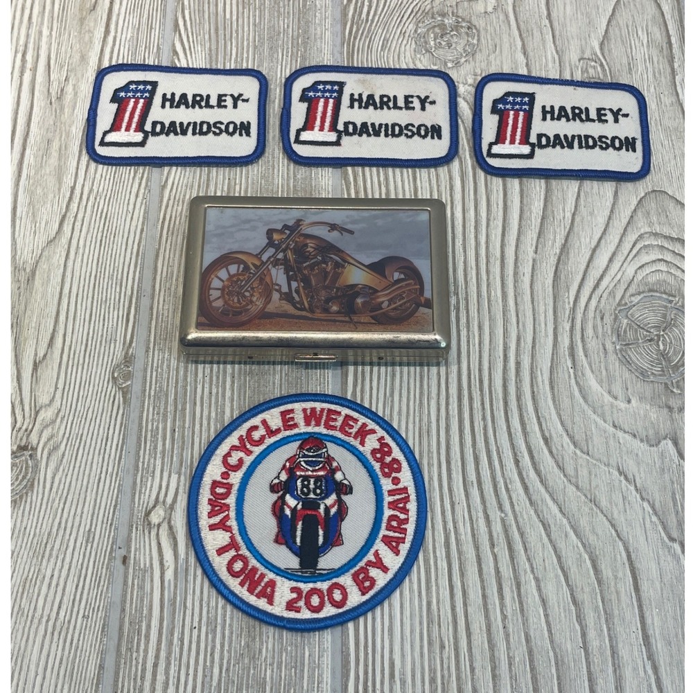 Harley Davidson Patches & Biker Chopper Metal Cigarette Case Bundle Daytona 88